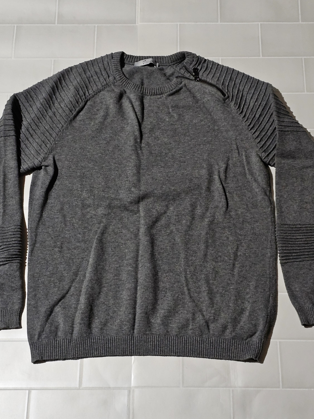 LC Waikiki Men's Moto Shoulder Zip Sweater Medium Grey Crewneck Knit Pullover